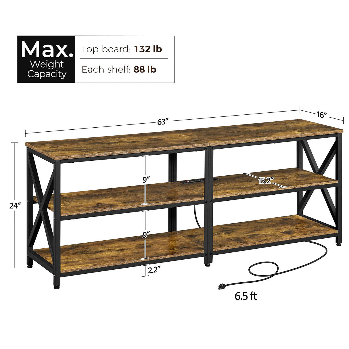 Yaheetech TV Stand with Power Outlet, Industrial TV Stand for 75 Inch TVs, Media TV Console Table with Open Storage Shelves for Living Room, Rustic Brown Yaheetech