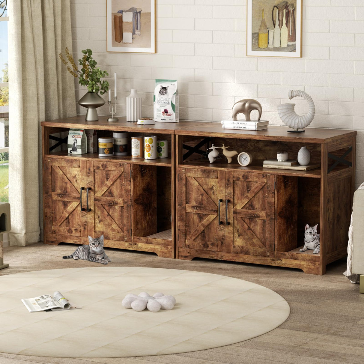 Halitaa Cat Litter Box Enclosure, Hidden Litter Box Furniture with Scratch Pad, Farmhouse Indoor Cat House Washroom End Table, Rustic Brown Halitaa