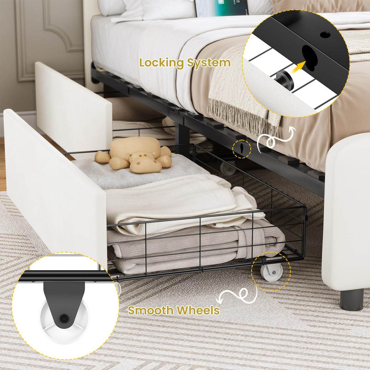 MSmask Twin Bed Frames with 4 Storage Drawers and LED Lights, Velvet Upholstered Platform Bed Frame with Height Adjustable Headboard, LED Bed Frame with Type C & USB, No Box Spring Needed, White MSmask