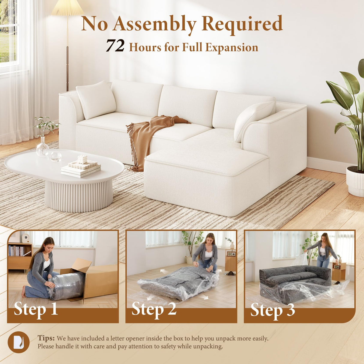 Vesgantti 106" Cloud Sectional Couch with Chaise, Deep Seat Modular Sectional Sofa Chenille Memory Foam Sofa Boneless Couches for Living Room Bedroom, No Assembly Required (Beige, Right-Facing Chaise) Vesgantti