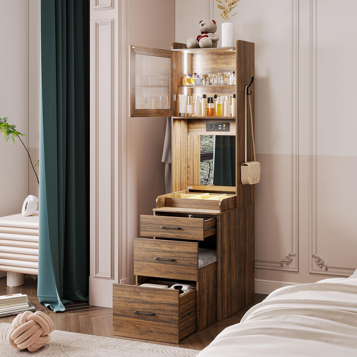 Vlsrka 70" H Vanity Desk with Mirror and Lights, Vanity Set with Hidden Stool, Drawers, Power Outlet, Makeup Dressing Table for Small Spaces, Brown Vlsrka