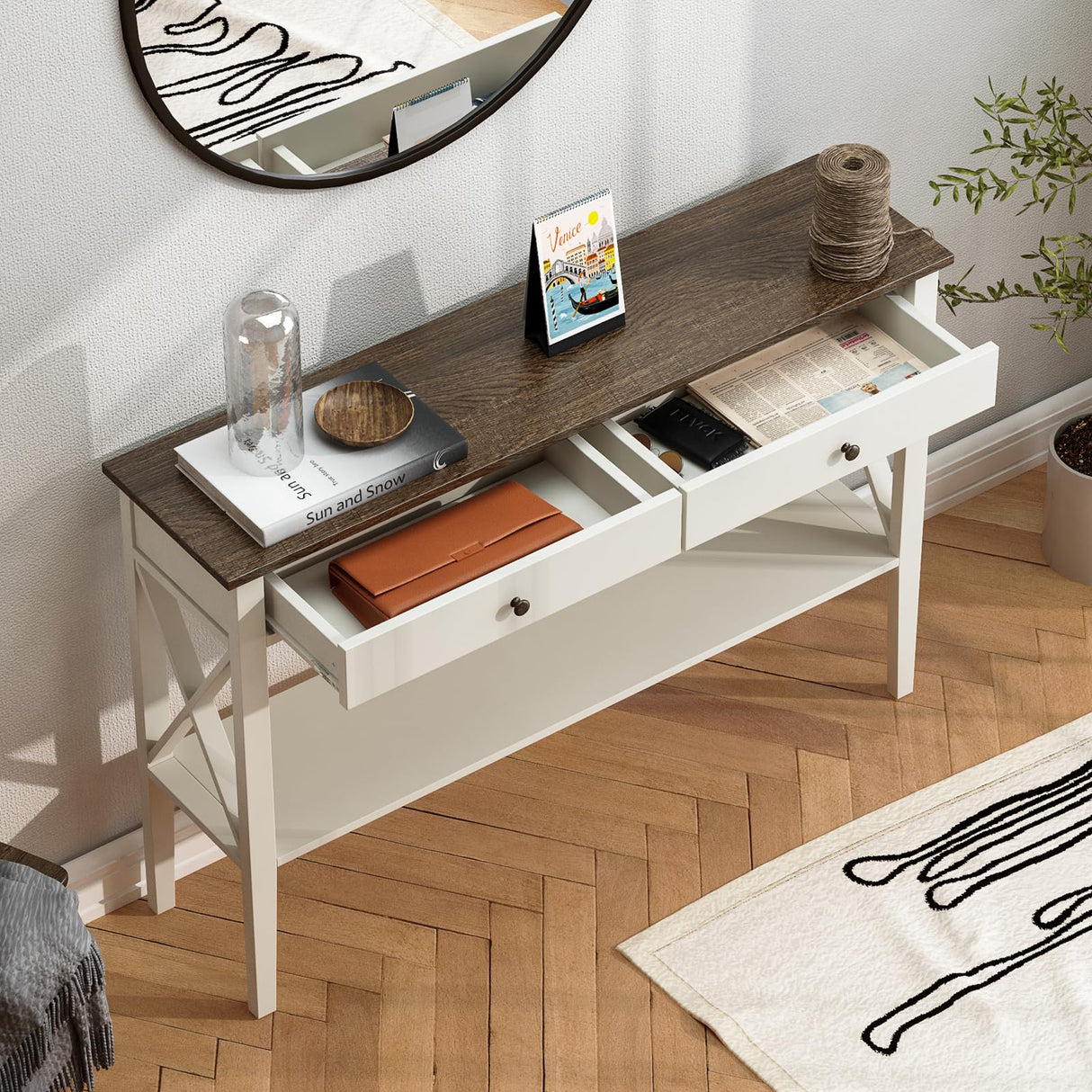 ChooChoo Farmhouse Console Table with Drawers, Narrow Wood Accent Sofa Table Entryway Table with Storage Shelf for Entryway, Front Hall, Hallway, Living Room, Antique White & Brown ChooChoo