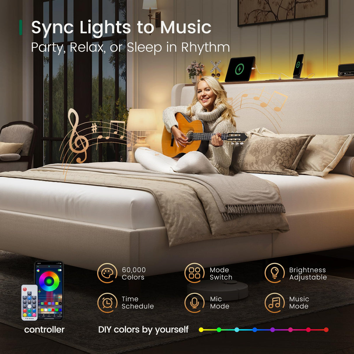 LARMACE King Size Bed Frame with LED Lights and Charging Station Linen Upholstered Platform Bed Frame with 51.2" Tall Wingback Headboard and Storage Shelf, No Box Spring Needed, Easy Assembly, Beige LARMACE