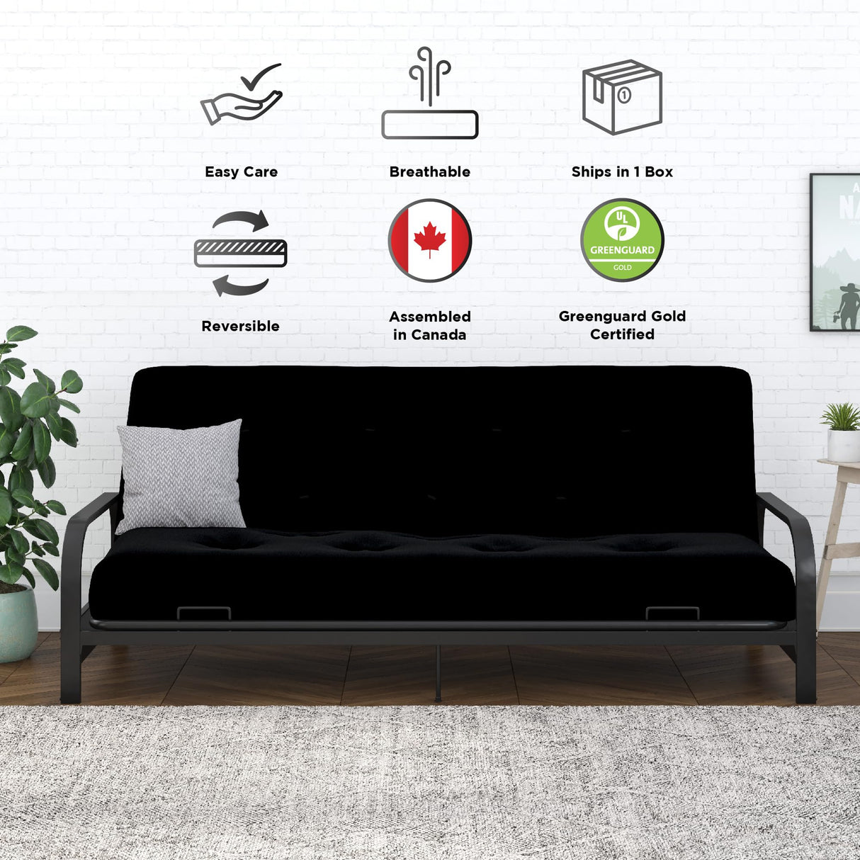 DHP Trule 8" Reversible Full Size Futon Mattress, Pocket Coil Spring, Polyester, Firm Support, Linen-Like Cover, Eco-Friendly, Black DHP