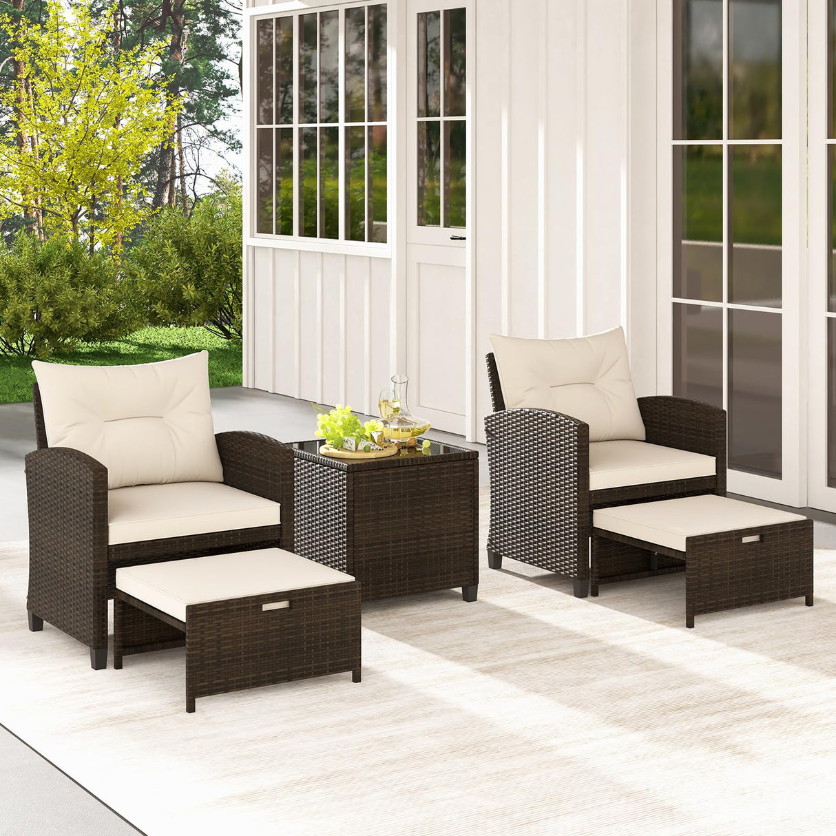 Tangkula 5 Piece Patio Rattan Furniture, Wicker Cushioned Chairs Set w/ 2 Ottomans & Tempered Glass Coffee Table, for Poolside, Backyard, Lawn, Deck (Mix Brown+Off White) Tangkula