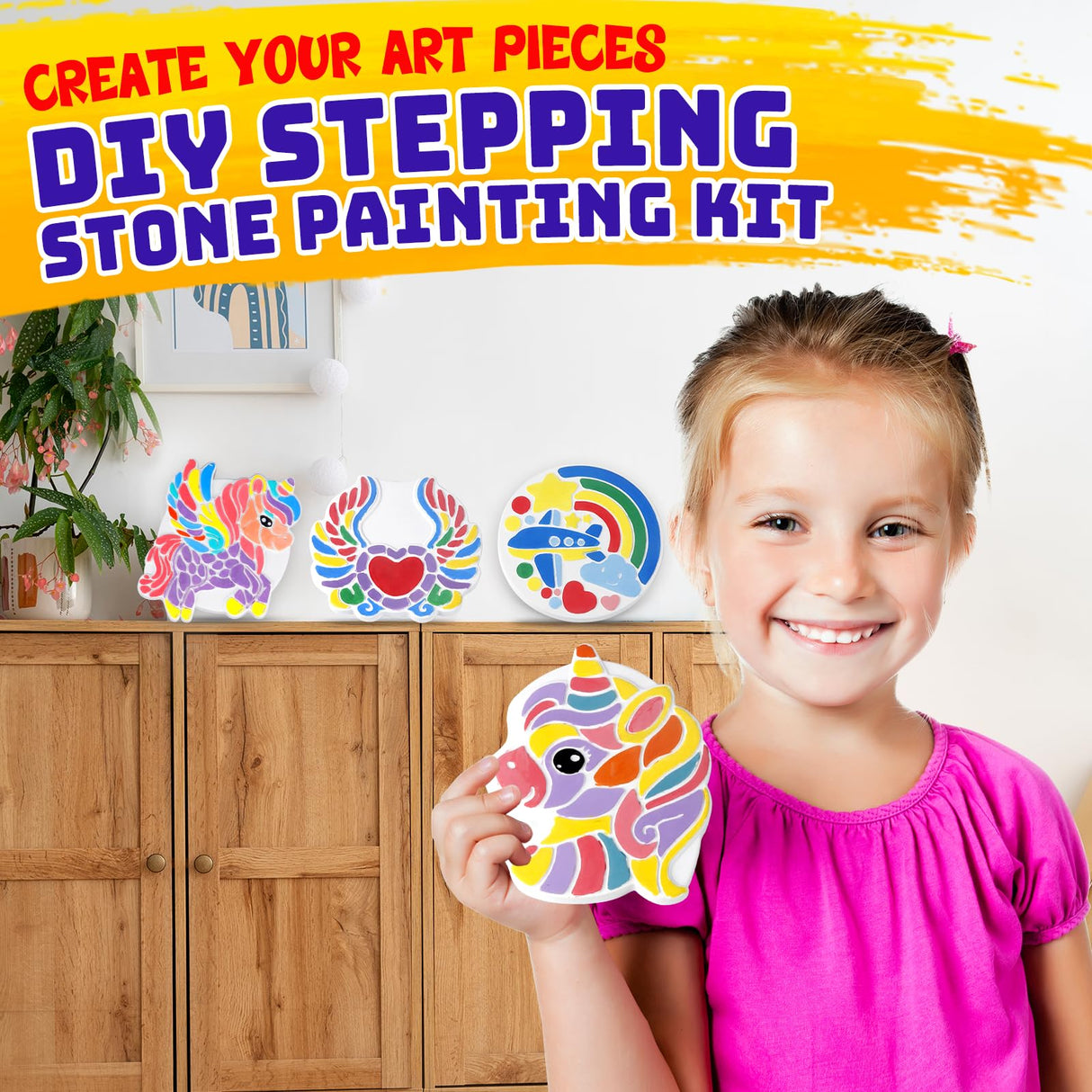 Paint Your Own Stepping Stones Painting Kit for Kids, Unicorn Craft Kits Boys & Girls Ages 3-12, Castle Heart Airplane Rainbow DIY Outdoor Garden Art & Craft Ceramic Painting Set 5-Pack Hewaurorion