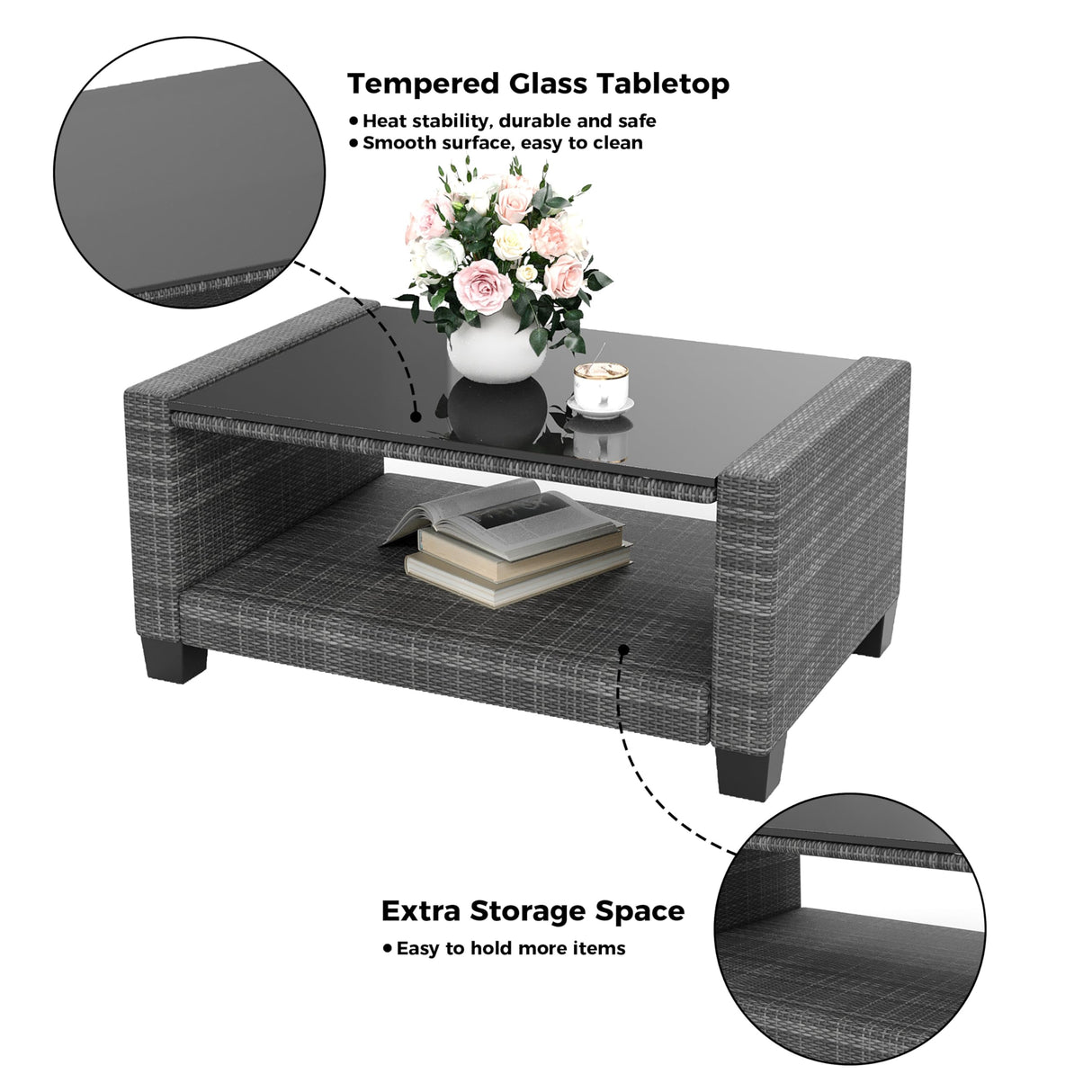 Garvee Patio Furniture Set 5 Pieces, 7-Seat PE Rattan Wicker Outdoor Sectional Patio Conversation Set with Waterproof Cusions and Coffee Table, Grey Rattan and Beige Cushion Garvee