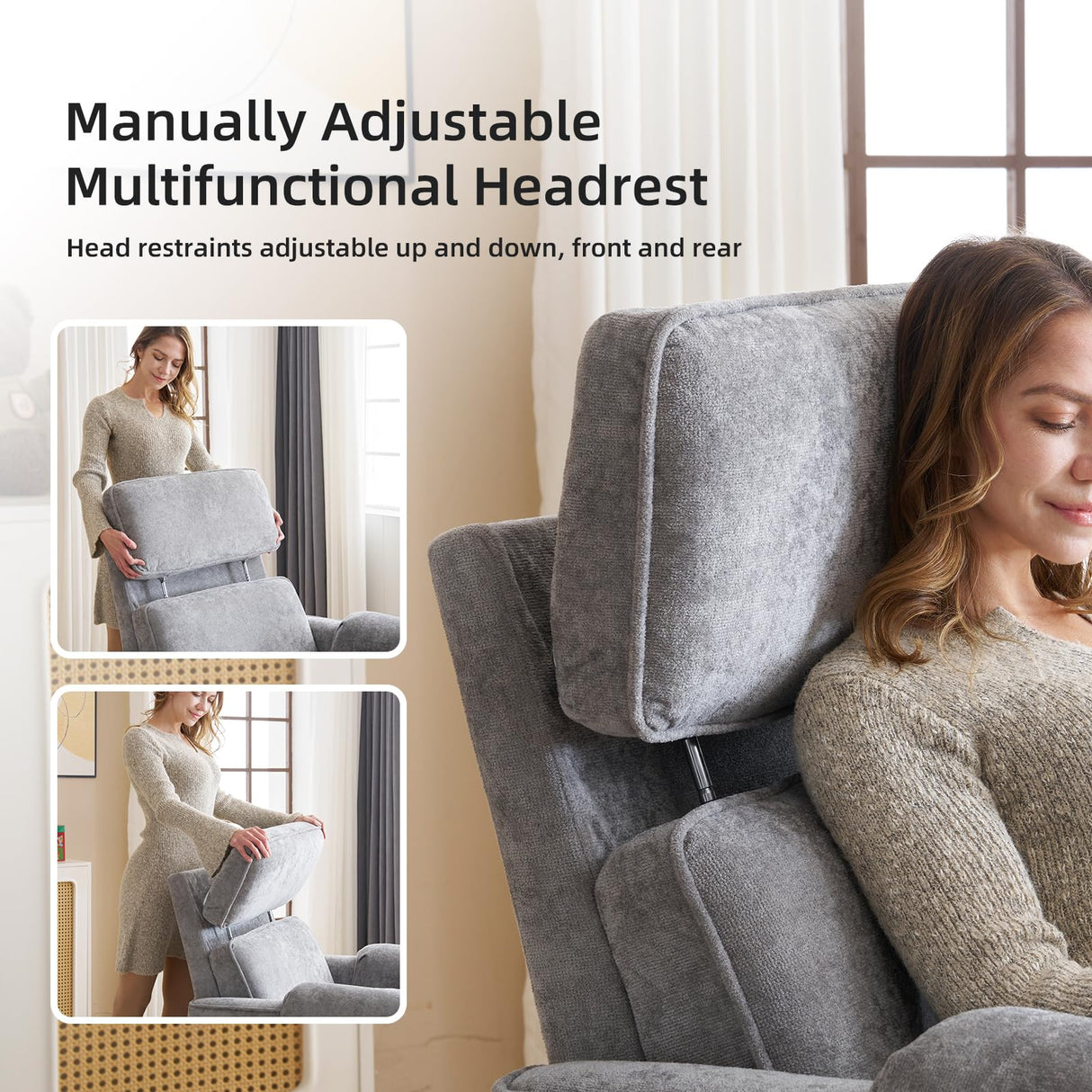 Rhevoy Oversized Power Recliner Chair, 26" Extra Wide Swivel Rocker Recliner with Adjustable Headrest, Chenille Glider Rocking Nursery Chair with Overstuffed Armrest, USB Ports, Grey Rhevoy
