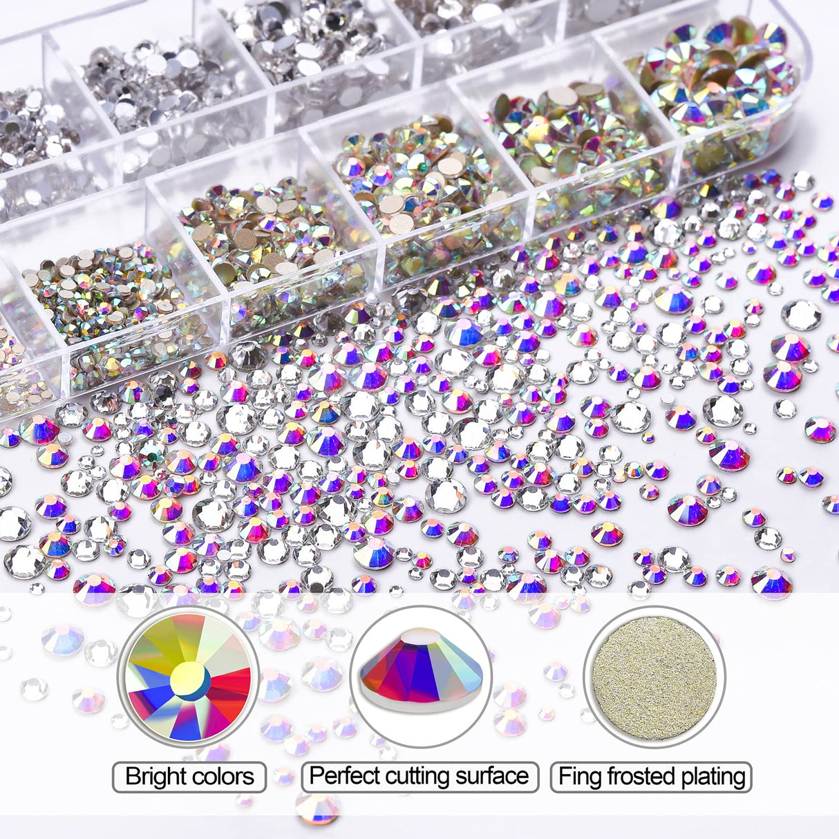 Nail Art Rhinestones Kit HUETFAT 2400pcs Nail Gems Ab Flatback Rhinestones Gems Stones, with Storage Organizer Box/Wax Pencil/Tweezers 6 Sizes (1.5-4.5 mm) for Nail Art Craft (2400pcs) HUETFAT