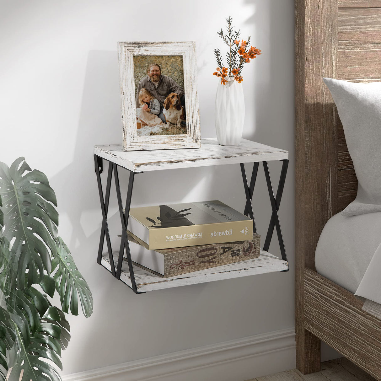Sapowerntus Floating Nightstand Shelves Wall Mounted, 2 Tier Bedside Table for Bedroom, Rustic White Wood Basket Box Shelf with X Mental Bracket, Small Storage Decor in Bathroom Living Room Sapowerntus