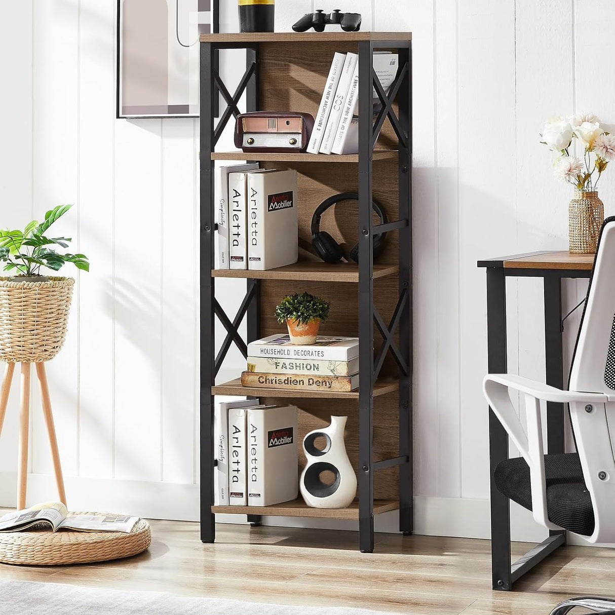 MNEETRUNG Small Bookshelf,5 Tier Industrial Bookshelf with Metal Frame and Backboard,Narrow Rustic Brown Book Shelf,Book case for Small Spaces,Living Room,Bedroom and Home Office MNEETRUNG