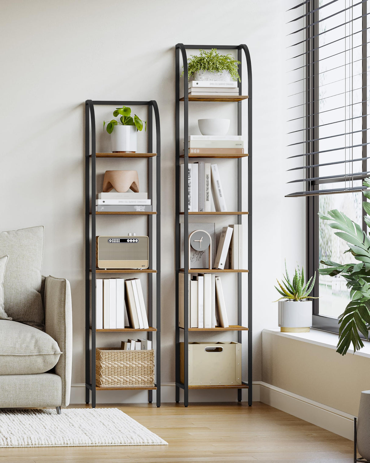 Hzuaneri Bookshelf Narrow Bookcase, Tall Storage Rack with Steel Frame, Display Standing Shelf Unit, Skinny Book Shelf for Study Living Room Home Office, Industrial Style, 6-Tier Rustic Brown BC56001B