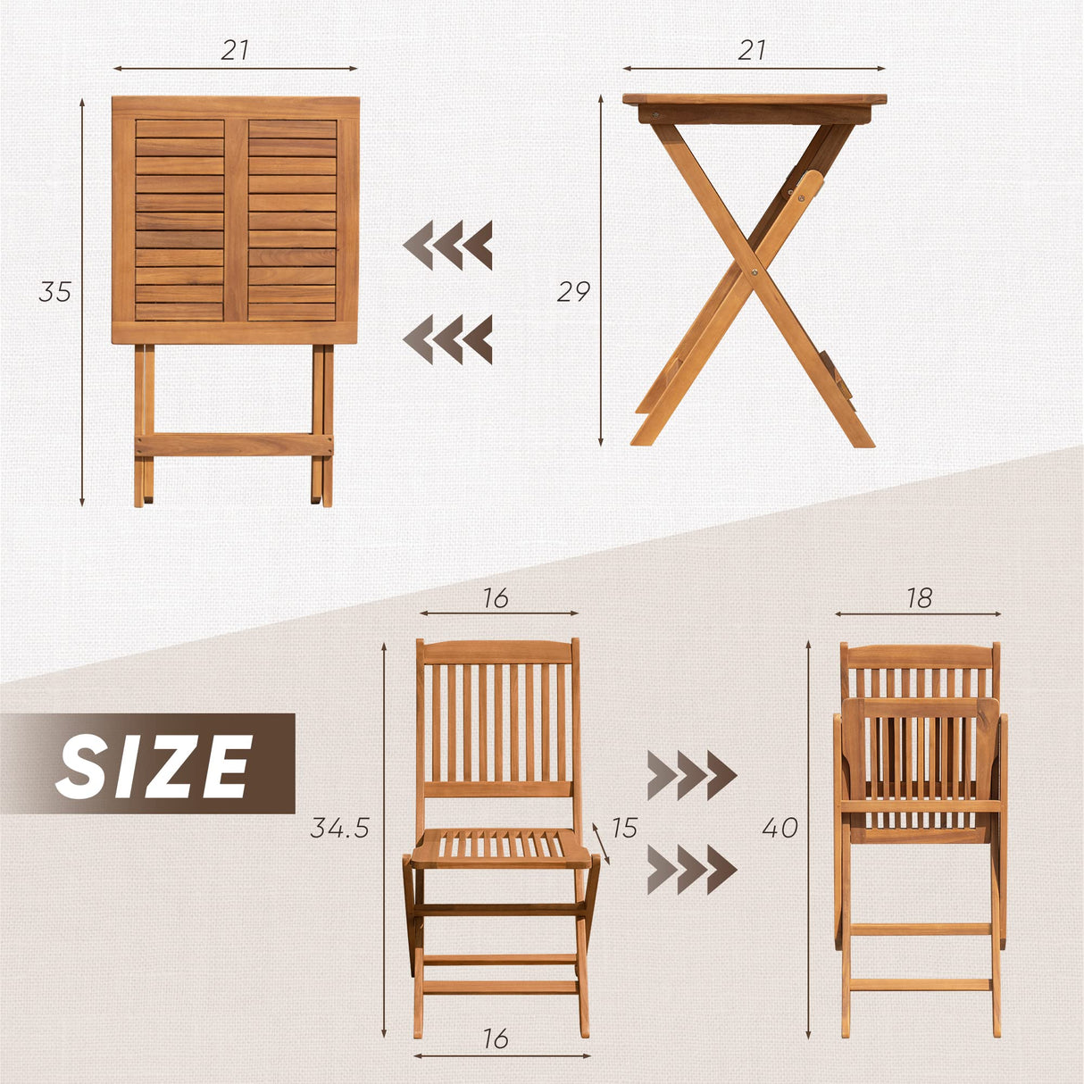 Devoko Outdoor 3 Piece Folding Patio Bistro Set Acacia Wood Bistro Table and Chairs Set of 2 for Garden Poolside Backyard Balcony Porch Deck Devoko