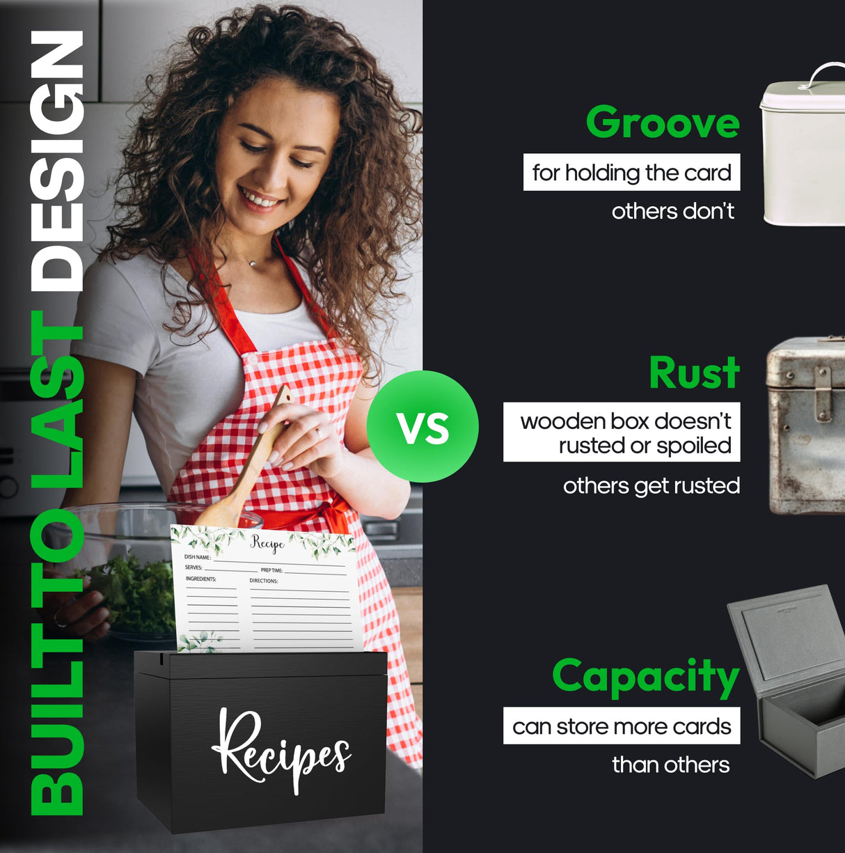 Jaconine Recipe Box, Wooden Recipe Organizer, Recipe Holder Box with 50 Recipe Cards 4""x6"" & 6 Dividers, Recipe Book to Write in Your Own Recipes, Black Jaconine