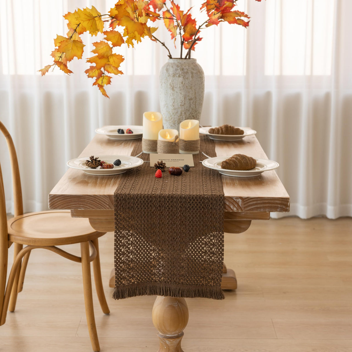 Keketoarrange Boho Brown Table Runner for Home Decor 12x72 Inches Farmhouse Macrame Burlap Jute Rustic Dining Kitchen Centerpiece Bohemian Decor French Country Baby Bridal Shower Decorations Keketoarrange