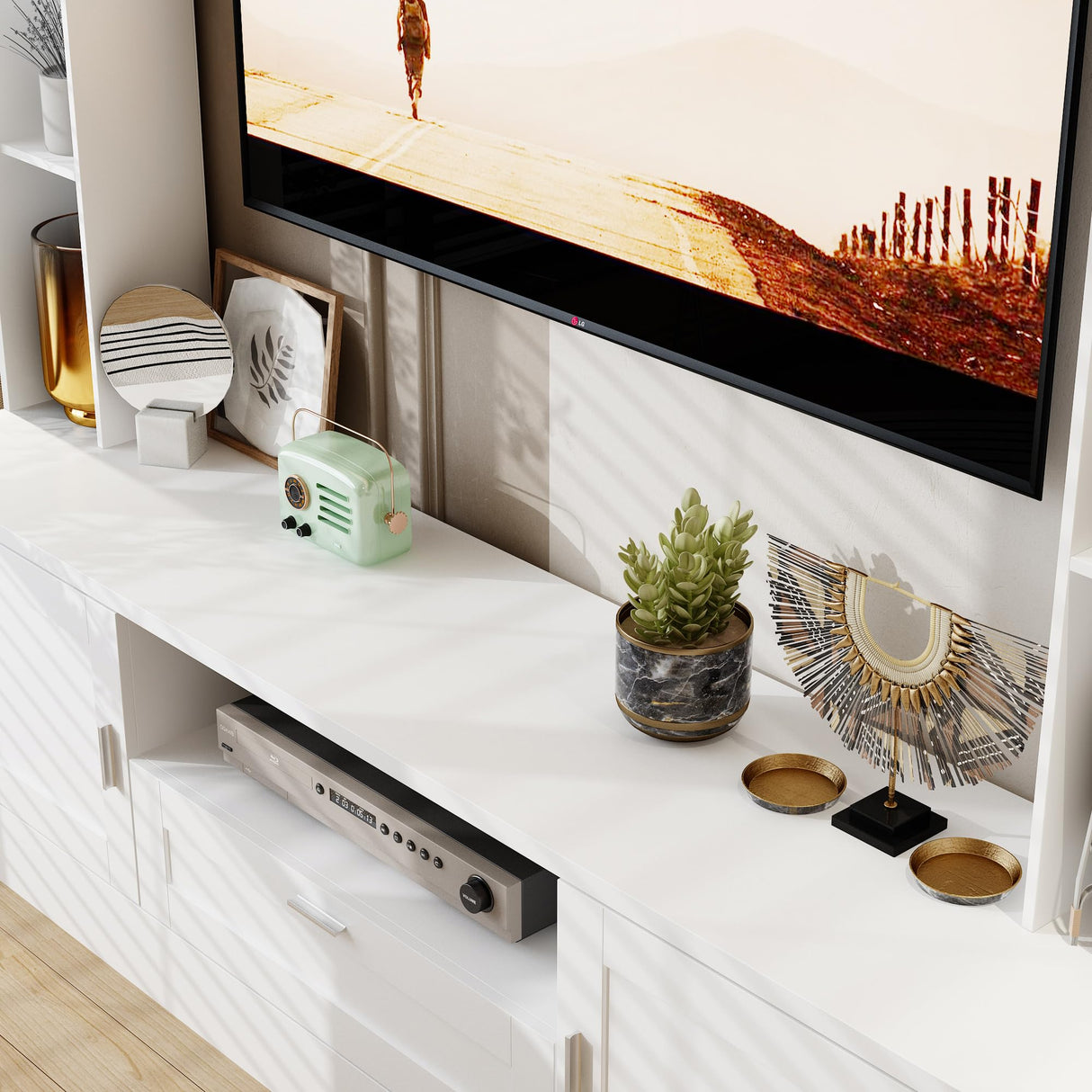 WOODTIME 70.9" W 3-in-1 Wall Unit Entertainment Center with Bookshelves, Modern TV Stand Media Console Table with 11 Shelves & Drawer for Living Room & Home Theater, White WOODTIME