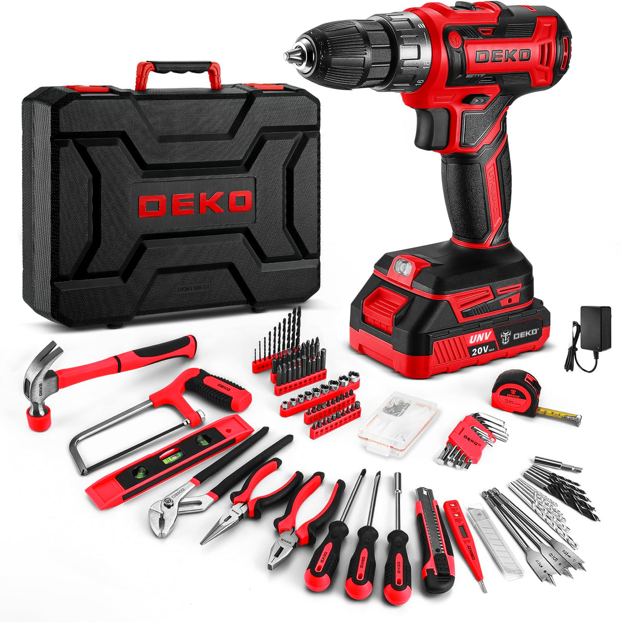 Red Drill Tool Kit Set: 20V Cordless Power Drill Tool Box with Battery Electric Drill Driver for Men Home Hand Repair Basic Toolbox Tools Sets Drills Case DEKOPRO