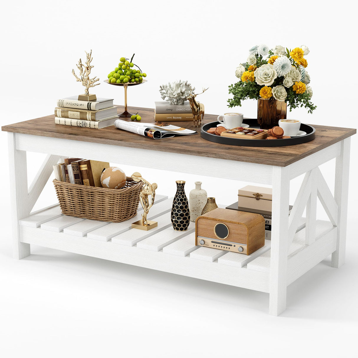 JUMMICO 39” Farmhouse Coffee Table for Living Room, 2-Tier Modern Living Room Table with Storage Shelf, Rustic Rectangular Center Table Space Saving Home Furniture (Rustic Oak & White) JUMMICO