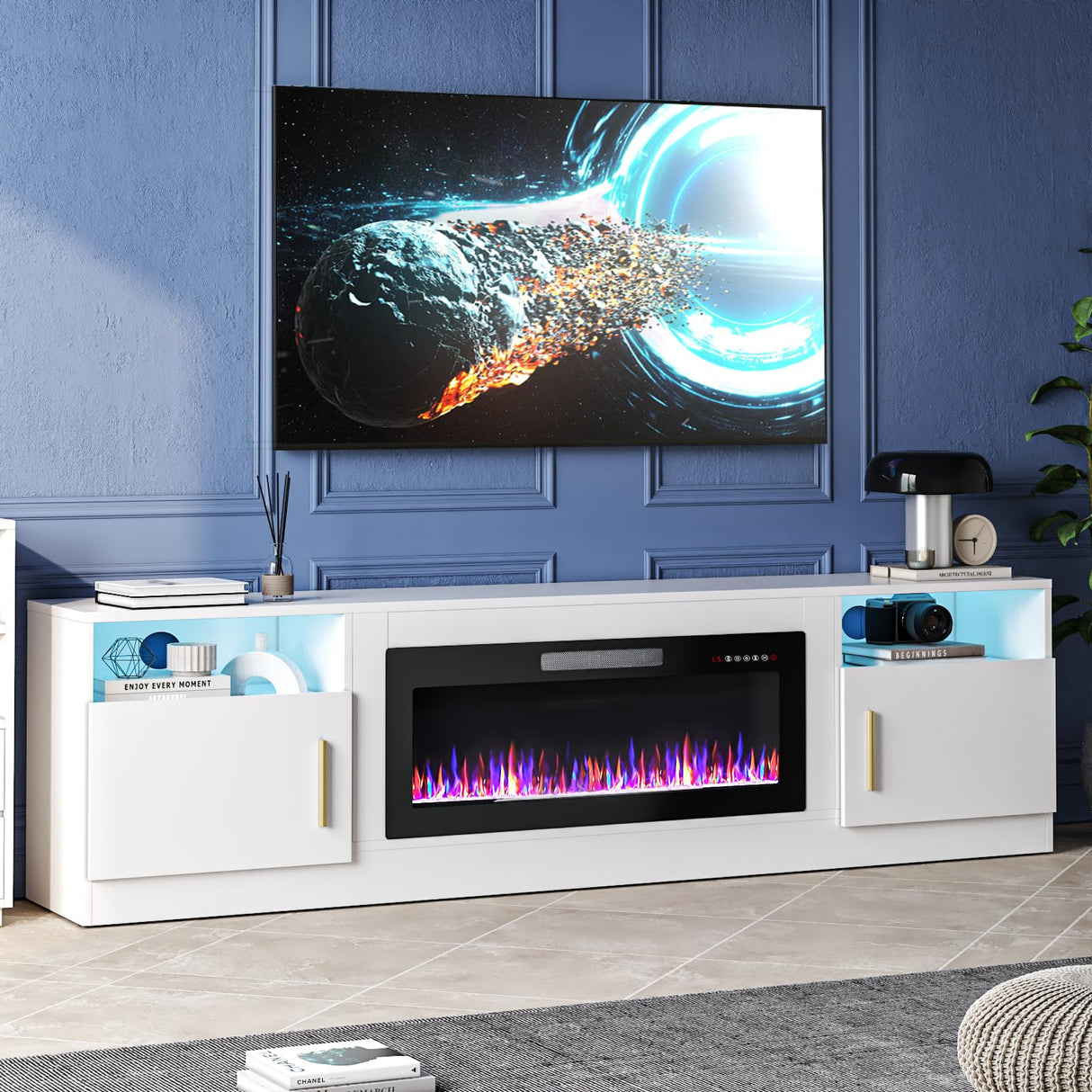 TAVATA Fireplace TV Stand with 36" Fireplace,80" TV Stand with LED Light for TVs Up to 85",Entertainment Center Console Table with Highlight Storage Cabinets (White) TAVATA