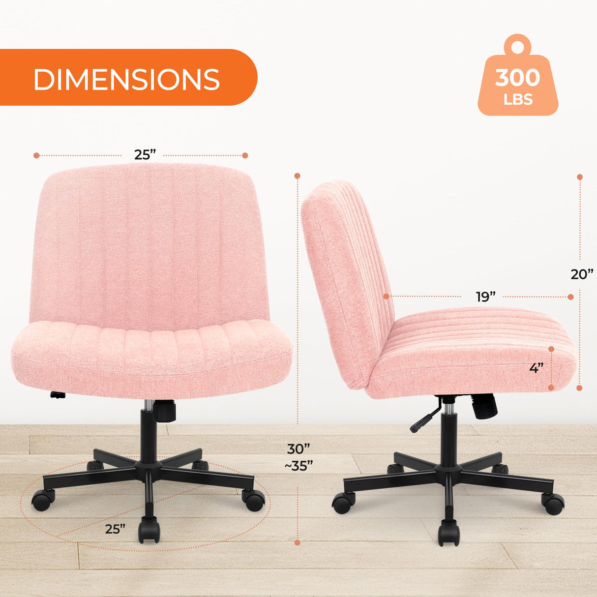 Orange Factory Criss Cross Chair with Wheels, Armless Cross Legged Office Desk Chair, Wide Comfy Vanity Rolling Swivel Modern Comfortable Fabric Computer Task Chairs for Home Office (Pink) Orange Factory