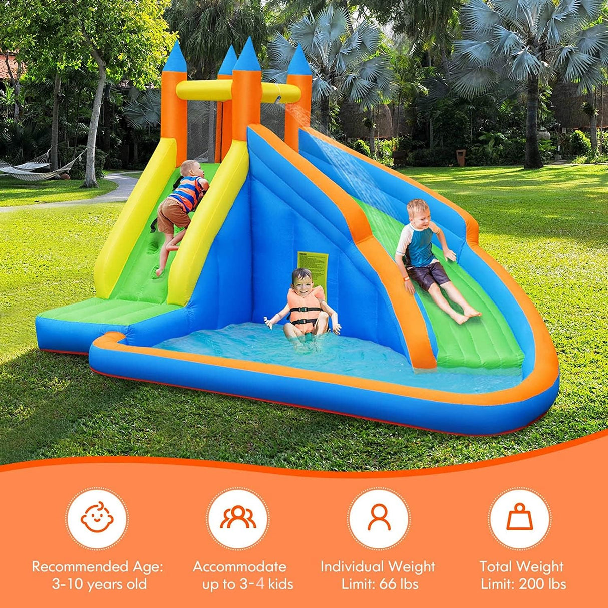 Costzon Inflatable Water Slide, Giant Bouncy Water Park Jump Castle Waterslide for Kids Backyard Outdoor Fun with Climbing Wall, Splash Pool, Blow up Water Slides Inflatables for Kids Party Gifts Costzon