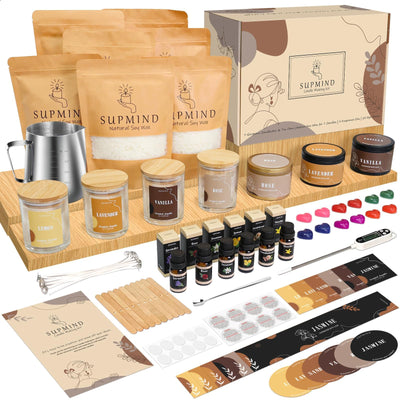 SUPMIND Premium Candle Making Kit for Adults Beginners, DIY Starter Candle Making Supplies with Soy Wax, 6 Pleasant Scents, 7oz Jars & Tins, Color Dyes & More - Perfect as Home Decorations
