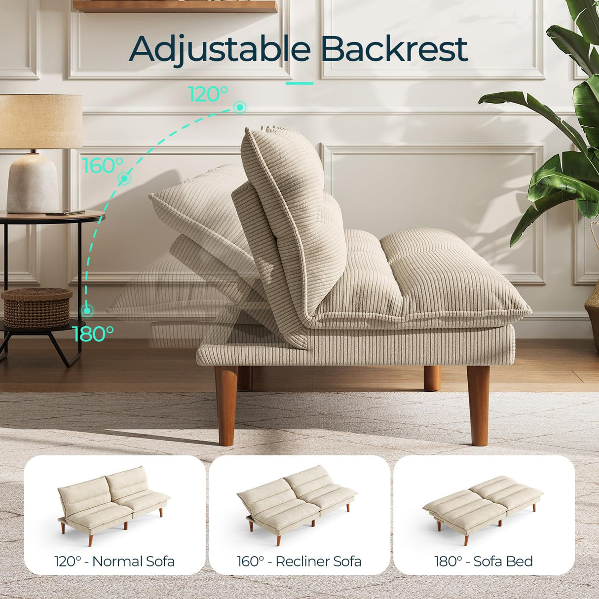 LINSY Futon Sofa Bed: 71 Inch Corduroy Futon Couch with Adjustable Backrest, Convertible Folding Futons Sofa Couches for Small Spaces Living Rooms Apartment Office, Beige LINSY