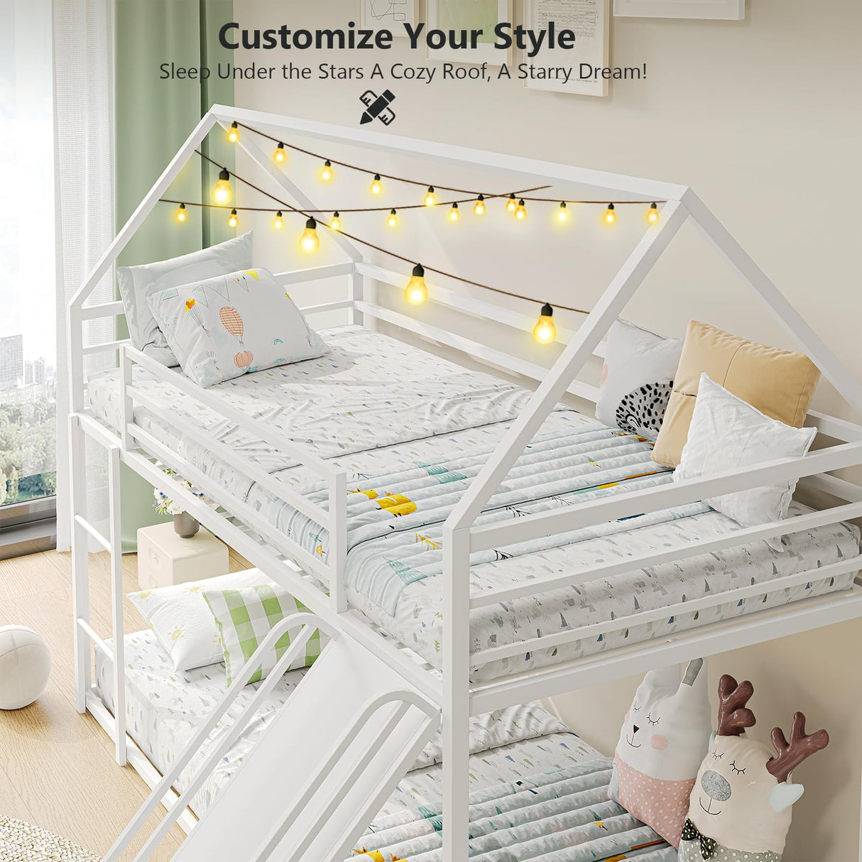 Tufons Metal Bunk Bed with Convertible Slide & House Roof Design - Twin-Over-Twin Low Frame | Full Guardrail, Montessori Style (White) Tufons