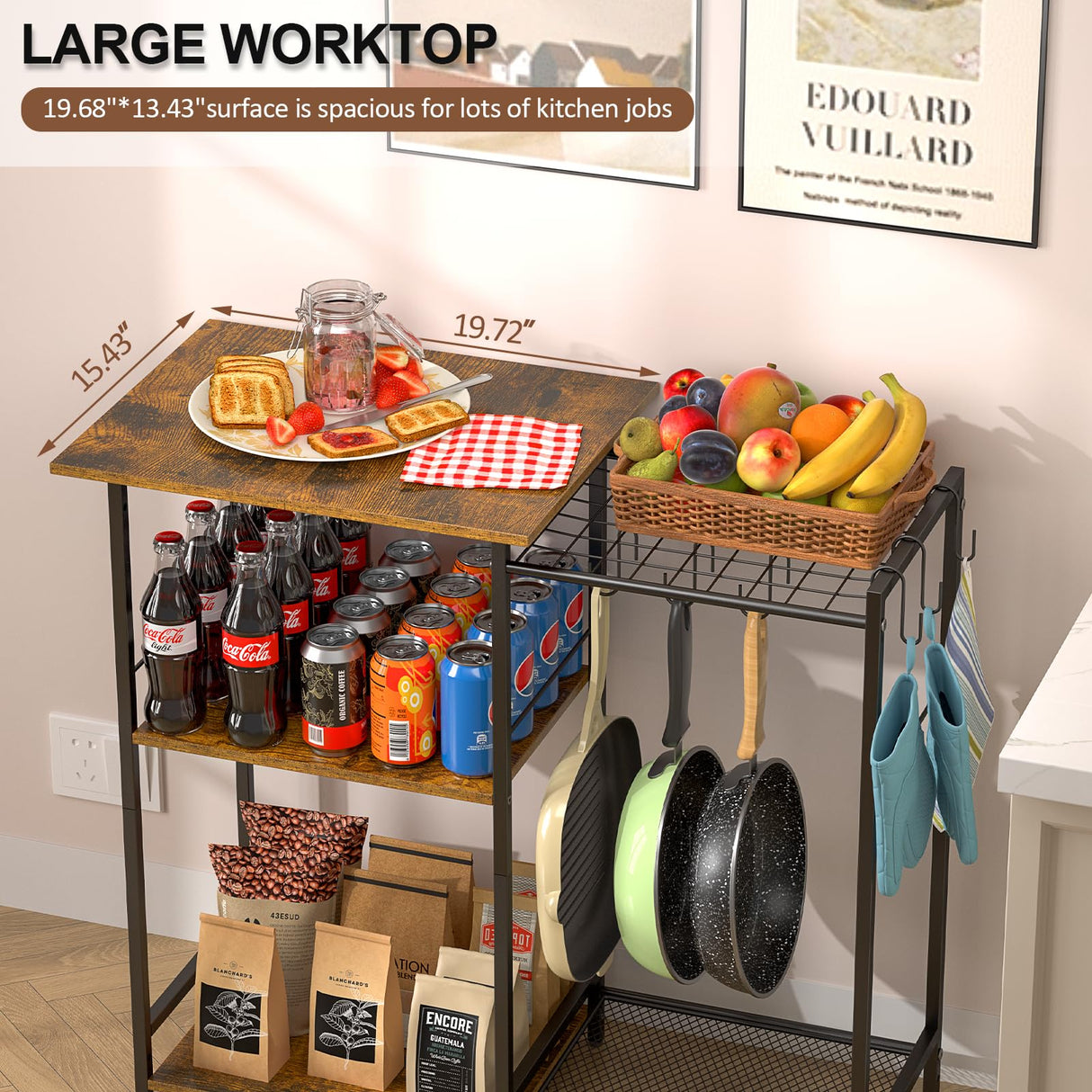 Rustic Brown 5-Tier Kitchen Stand with Pots Rack and 6 S Hooks - Multifunctional Storage Solution for Microwaves and Coffee Bars 3IngSeagulls
