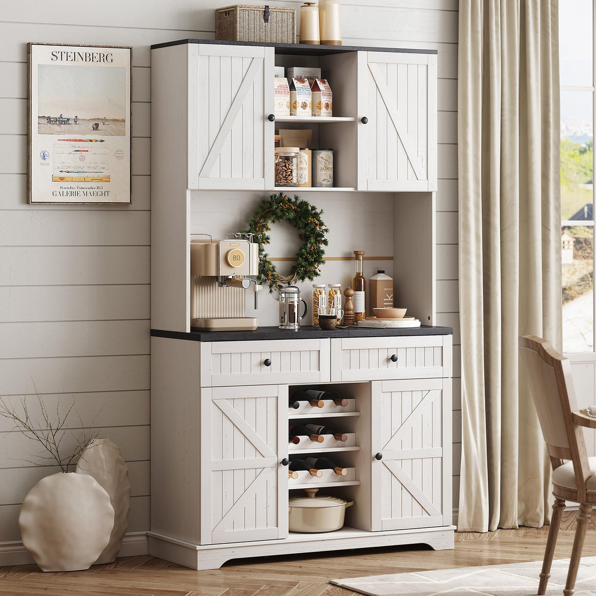 ONBRILL 71" Kitchen Pantry Cabinet with 2 Drawers & 3 Wine Racks, Farmhouse Storage Cabinet with Adjustable Shelves, Kitchen Hutch Cabinet with Microwave Stand for Dining Room, Living Room, Off White ONBRILL