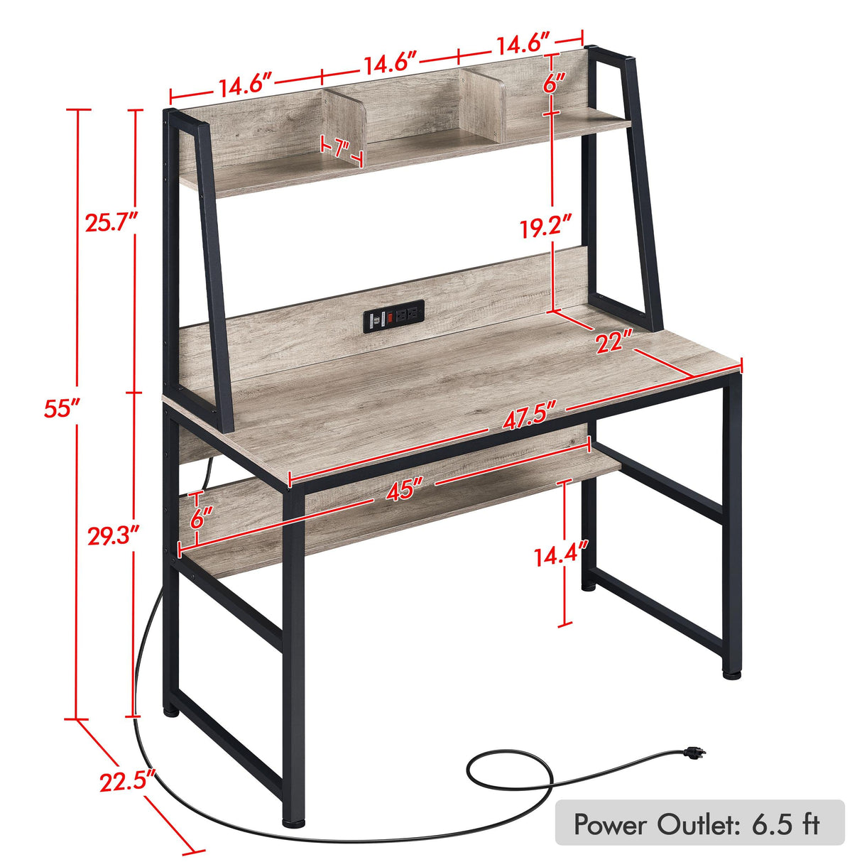 Topeakmart Industrial Home Office Table Computer Writing Desk with Power Outlet and Bookshelves, 47 Inch PC Laptop Table with Hutch Storage Shelves and 2 USB Ports for Home Office, Gray Topeakmart
