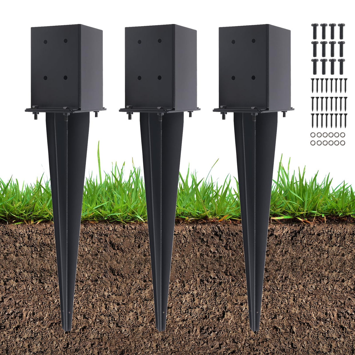 POSTYBAY 3 Pcs 4"x4" Fence Post Anchor Ground Spike 22"(Internal 3.6"x3.6"), Fence Stakes Post Base with Black Powder-Coated for Deck,Fence,Porch,Railing,Mailbox POSTYBAY