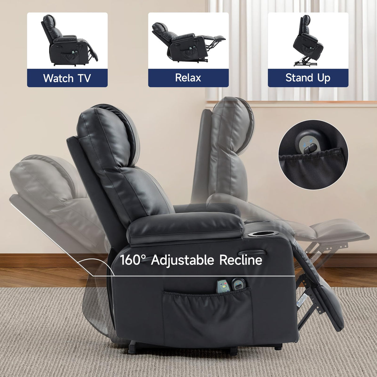 Power Lift Recliner Chair for Elderly with Massage & Heat, 160° Adjustable PU Leather Electric Recliner with Remote, Cup Holders, Side Pockets, and Stand Assist for Living Room, Bedroom (Black) Brage Living