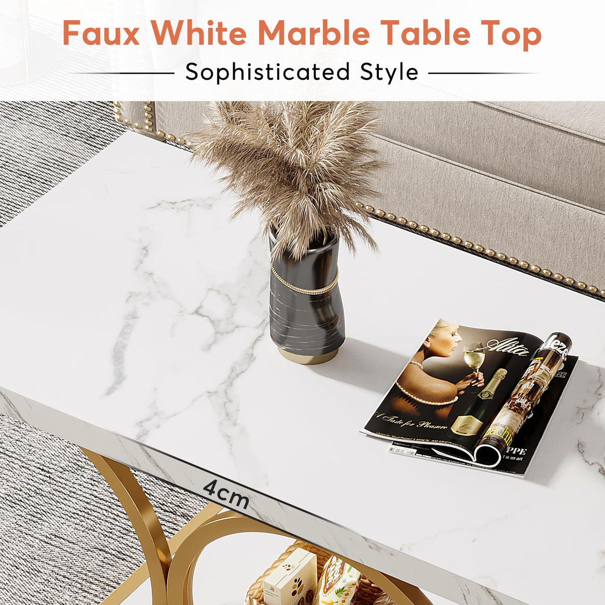 Tribesigns Rectangle Coffee Table, 47.24-inch Modern Coffee Tables for Living Room, 2-Tier Faux Marble Wood Coffee Table with Geometric Legs, Furniture with Storage Shelf (White & Gold) Tribesigns