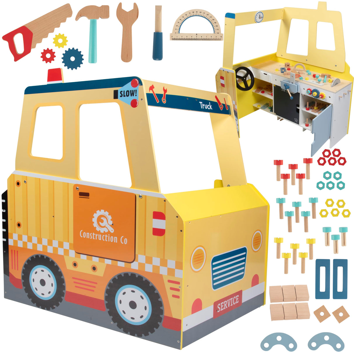 Construction Truck Wooden Playset w 60+ Toy Pieces- Pretend Hammer Saw Bolts & Screws- Spinning Turn Saw, Steering Wheel & Wood to Saw Apart, Dual Sided Play Stand, Workbench Building for Kids Gift Svan