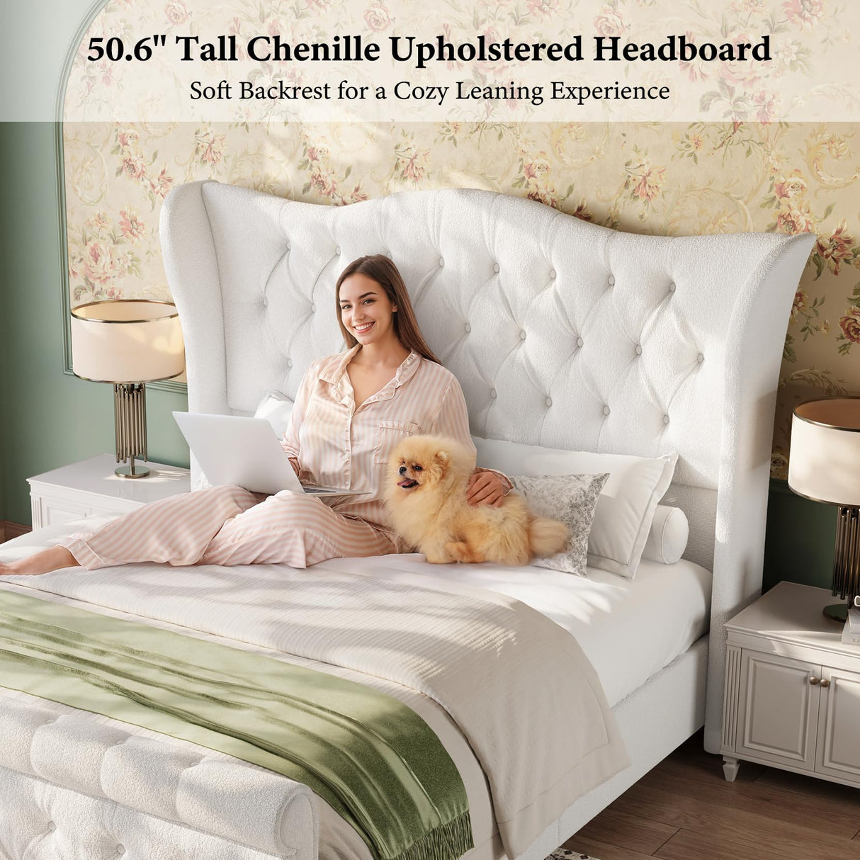 Queen Size Bed Frame-Upholstered Platform Chenille Sleigh Bed-51 inch Scroll Wingback Tall Headboard Footboard-Deep Button Tufted-Easily Assemble-Wood Slats Support-No Box Spring Required-Cream koorlian