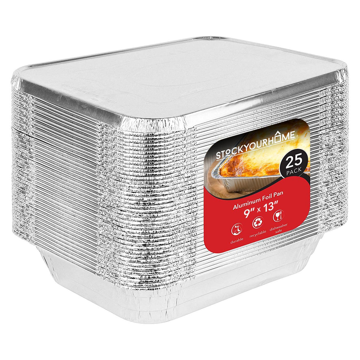 Foil Pans with Lids - 9x13 Aluminum Pans with Covers - 25 Foil Pans and 25 Foil Lids - Disposable Food Containers Great for Baking, Cooking, Heating, Storing, Prepping Food Silver Stock Your Home