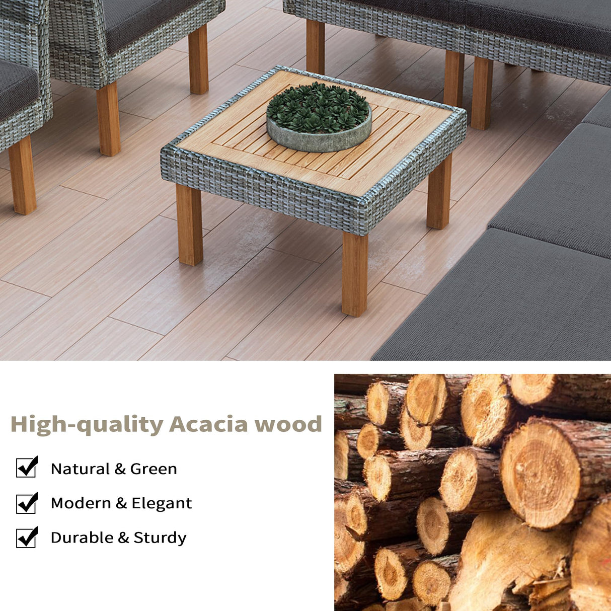 LUMISOL 9 Piece Patio Rattan Furniture Set, Outdoor Conversation Set with Acacia Wood Legs and Tabletop, PE Rattan Sectional Sofa Set with Coffee Table, Washable Cushion, Grey LUMISOL