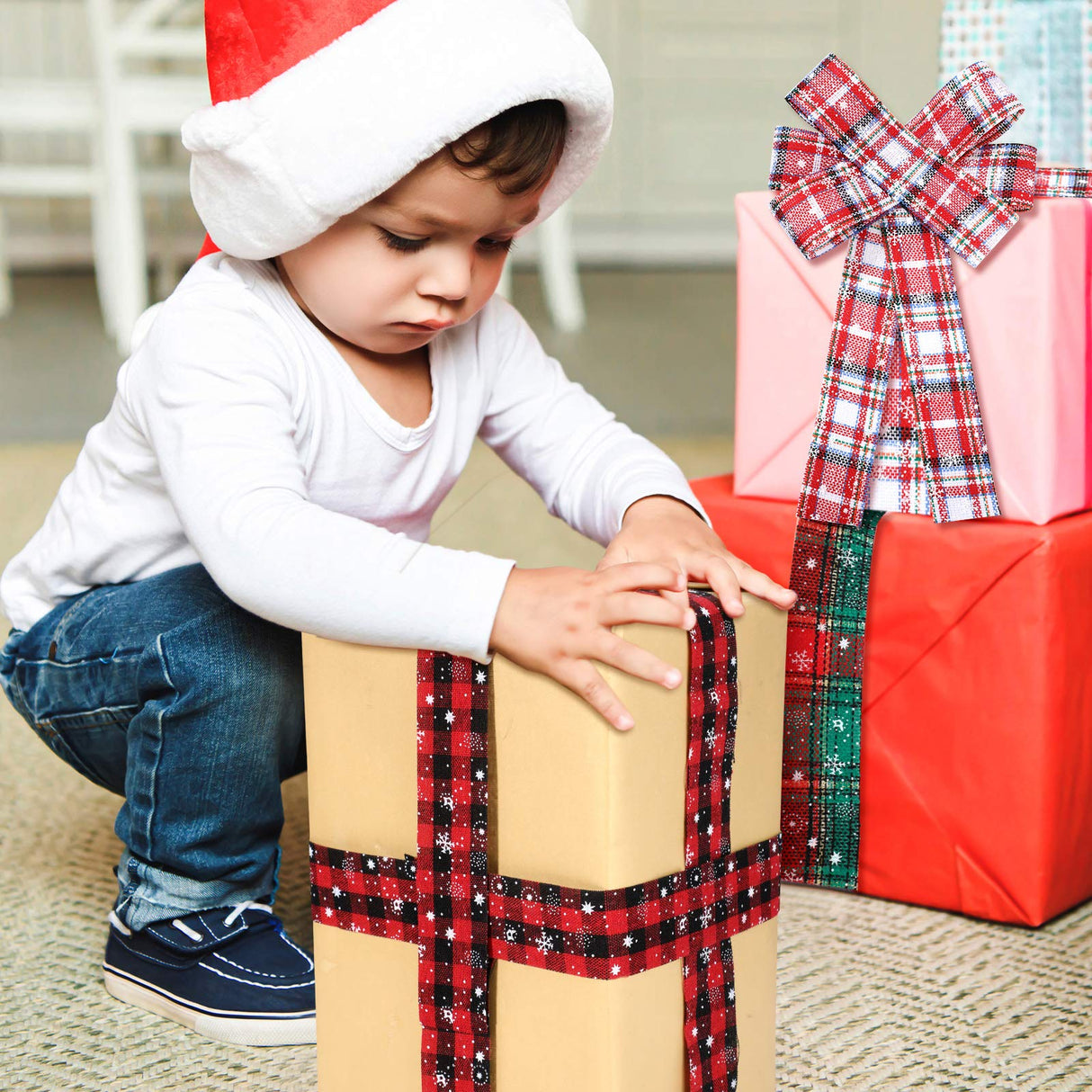 4 Rolls Christmas Plaid Ribbon - Snowflake Plaid Burlap Ribbon for Christmas Tree Wrapping, 24 Yards (1.6 Inch) WILLBOND