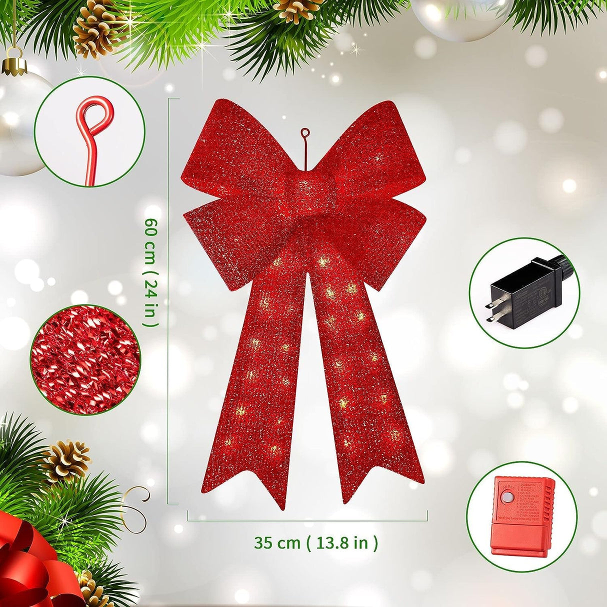 LAMPHOME Christmas Glitter Red Bow,Lighted Large Christmas Bows Wreath Decoration,Christmas Tree Topper Decorative Bow for Indoor Outdoor Christmas Parties Decorations (32IN 72LED) LAMPHOME