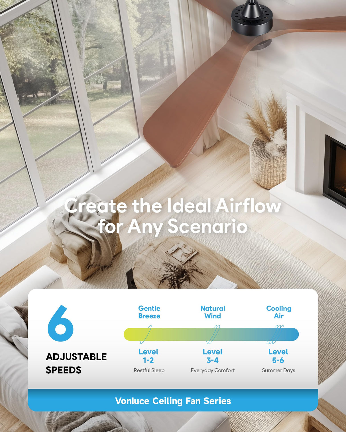 VONLUCE Ceiling Fans with Lights, 52 Inch Ceiling Fan and Remote, 6 Speed Reversible Noiseless DC Motor, 3CCT, Wood Ceiling Fan for Outdoor Indoor Farmhouse Patios, Walnut VONLUCE