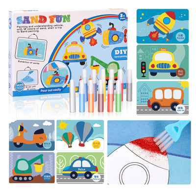 Colorful Sand Art Kit Crafts for Kids Ages 4-8- 12 Colored Sands, 16 Vehicles Sand Art Pictures - DIY Crafts Set for Girls and Boys,Arts and Crafts for Kids Ages 8-12
