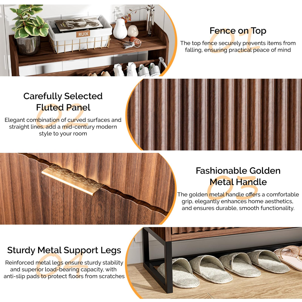 VINGLI Fluted Shoe Cabinet Storage for Entryway,Hidden Shoes Storage Cabinet with 2 Flip Drawers, Mid Century Modern Shoe Rack Organizer,Free Standing Shoes Organizer for Hallway(Dark Walnut) VINGLI