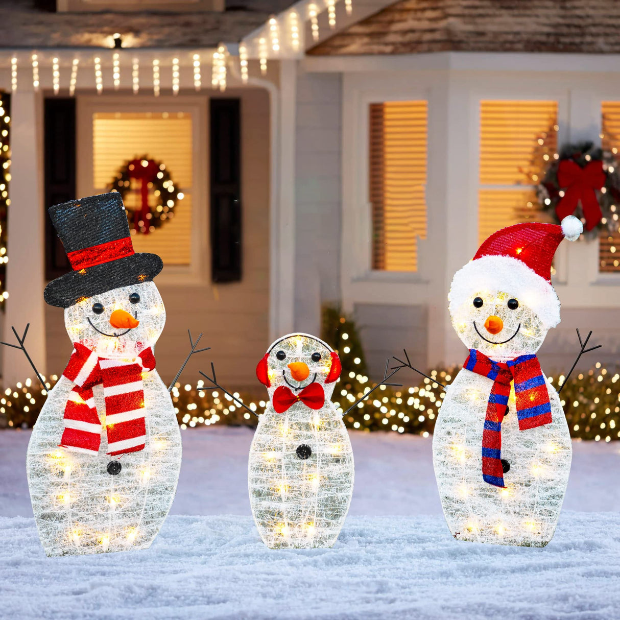 HOURLEEY Christmas Decoration 55 L Lighted Snowman Family Outdoor, 3-Piece Waterproof Plug in 2D Snowman for Yard Patio Lawn Garden Party Decor 20.5X9X29.5Inch-Large (Warm White) Hourleey