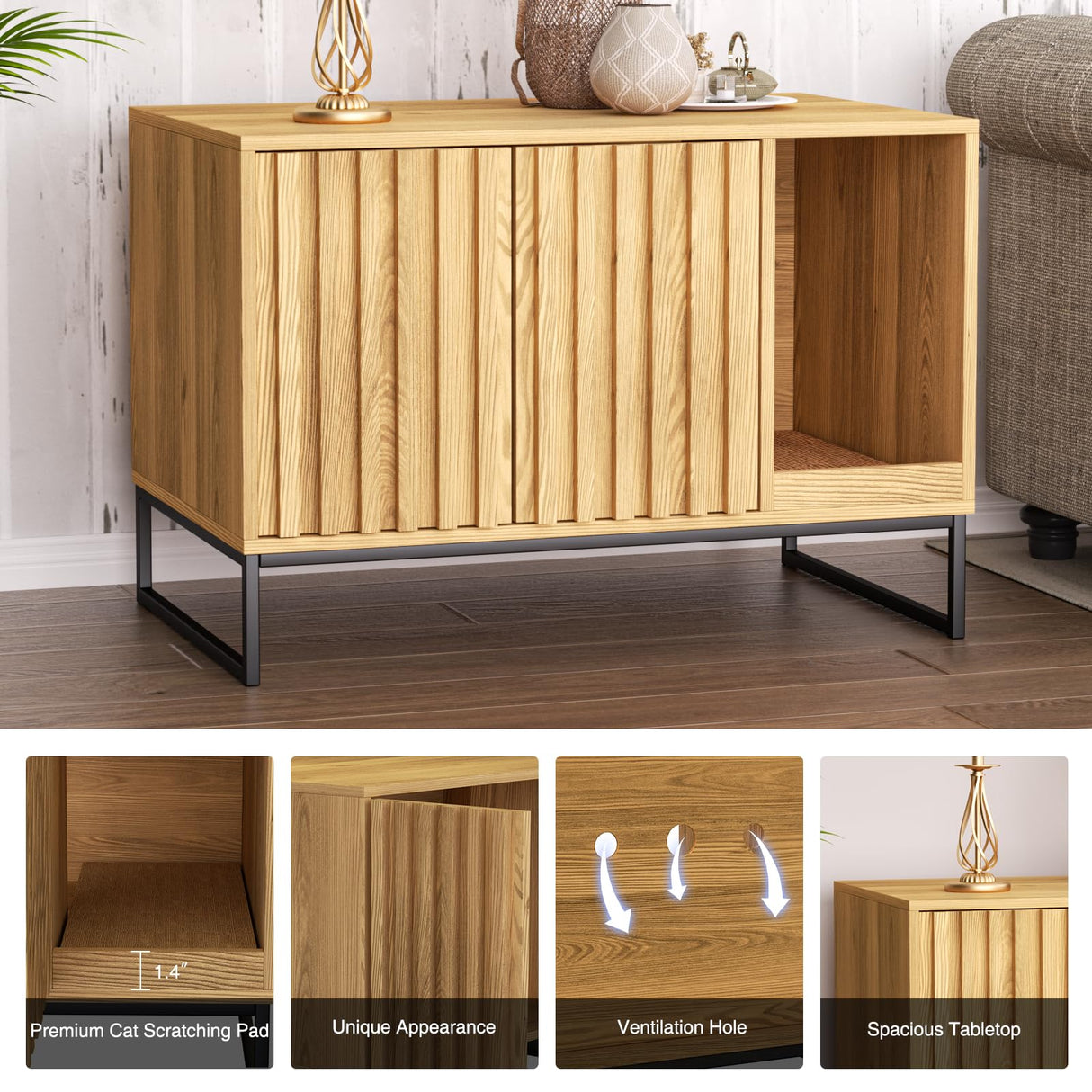 FiveWillowise Litter Box Enclosure, Modern Fluted Hidden Litter Box Furniture,Cat Litter Box Enclosure with Scratching Mat,Cat House Side End Table,Natural FiveWillowise