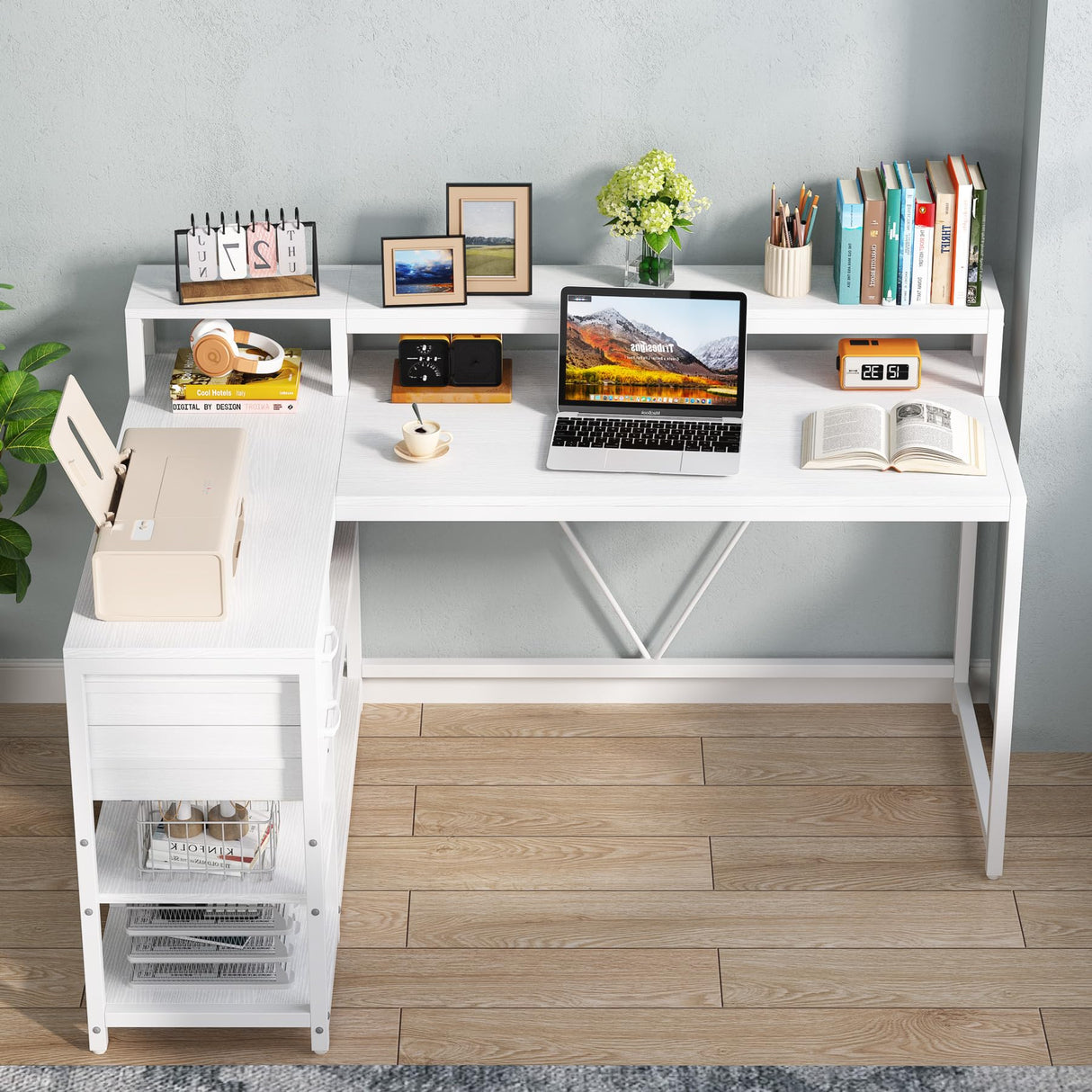 Tribesigns 55-Inch Modern White Reversible L-Shaped Desk with Storage Shelves and Drawers Tribesigns