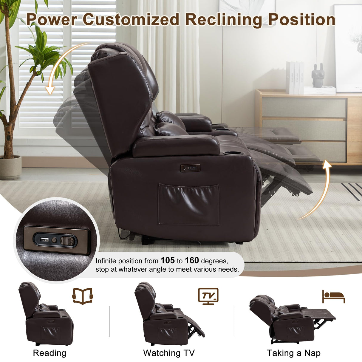 DRMBOOK RV Power Loveseat Recliner Sofa, Leather Double Wall Hugger Reclining Sofa, Home Theater Seating Chair with Cup Holders, 2 Person Couch RV Furniture for Living Room, Brown DRMBOOK