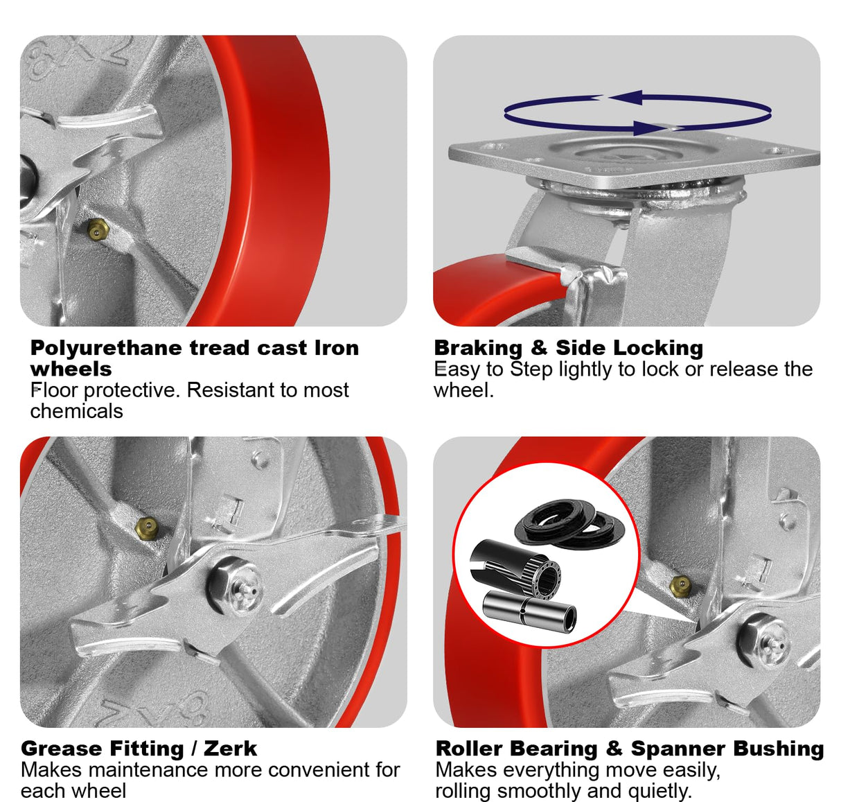 NINOSO 8"X 2" Heavy Duty Caster Wheels, Swivel Casters Set of 4 Polyurethane Wheel with Strong Load-Bearing Capacity 6000lbs, Industrial Casters for Toolbox Workbench (2 Brakes & 2 Rigid) Ninoso