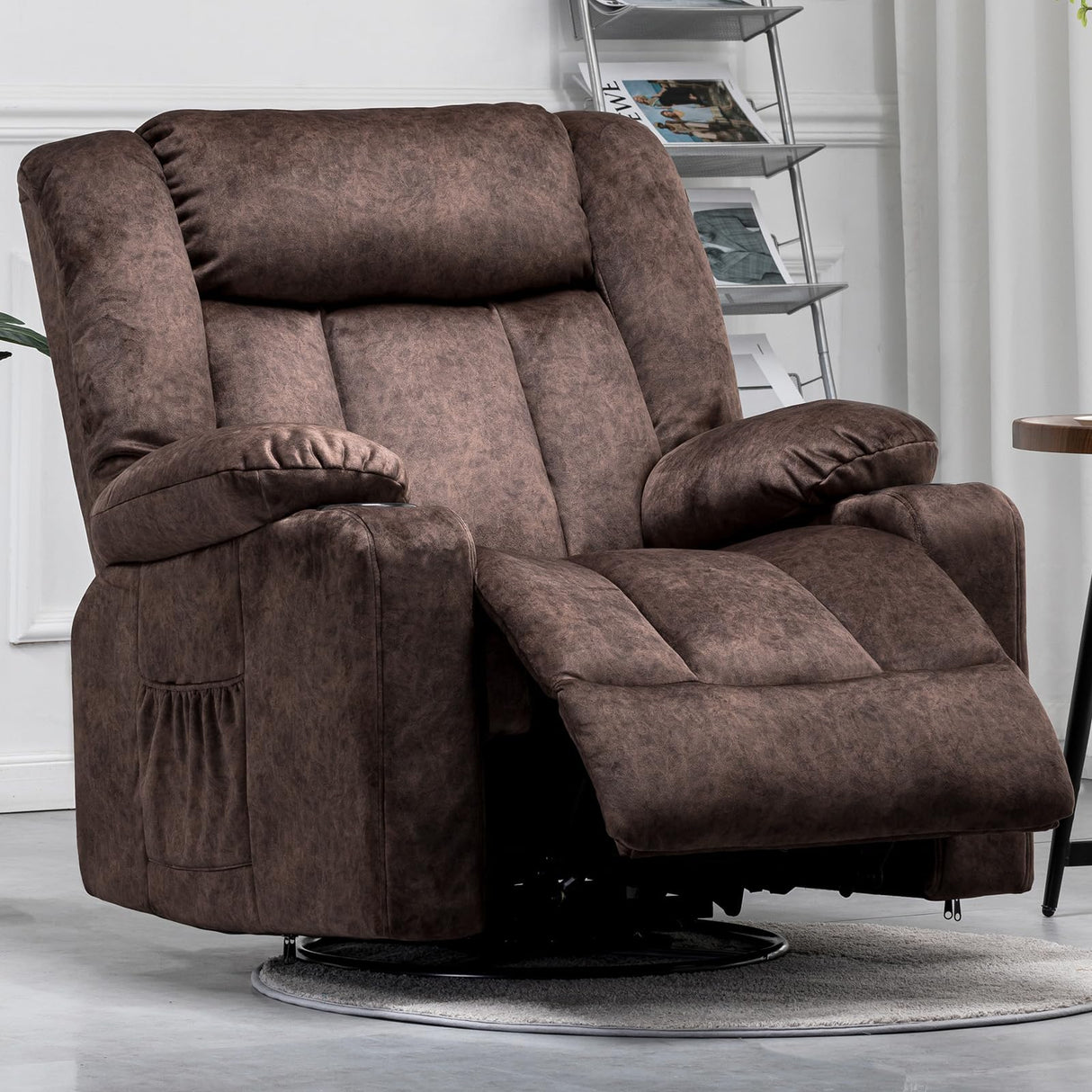 COMHOMA Recliner Chair,360° Swivel Rocker Glider Recliners with Cup Holders, Upholstered Fabric Rocking Chair for Adults,Manual Reclining Single Sofa for Living Room,Brown COMHOMA