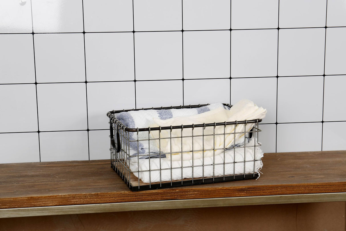 16" Rectangular Sturdy Hand Welded Farmhouse Metal Wire Basket with Rustic Wooden Bottom For Shelves, Closet Storage Bins for Shelves. Also For Laundry, Towel, Spice Rack, Tool Box (1) WoodArtSupply